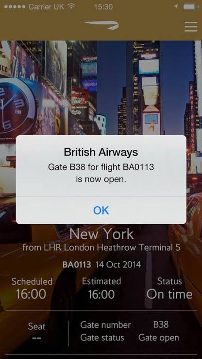 Airline style push notification example