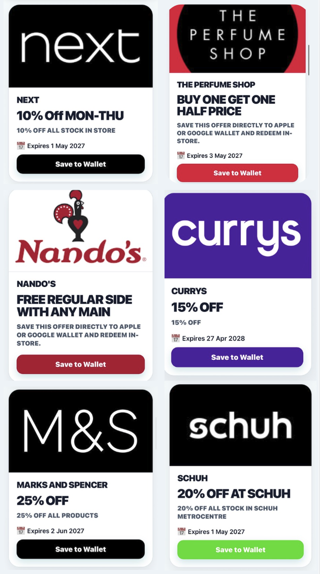 Metrocentre offers portal showing offers from Next, The Perfume Shop, Nando's, Currys, Marks and Spencer, and Schuh