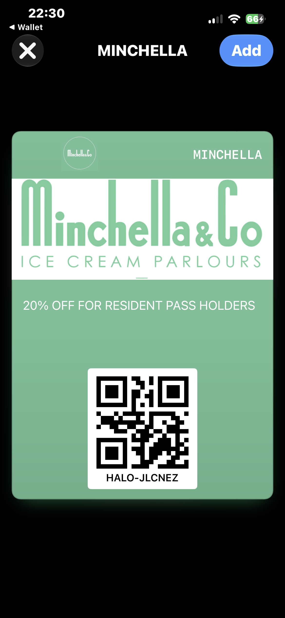 Minchella 20 percent resident offer saved to Apple Wallet