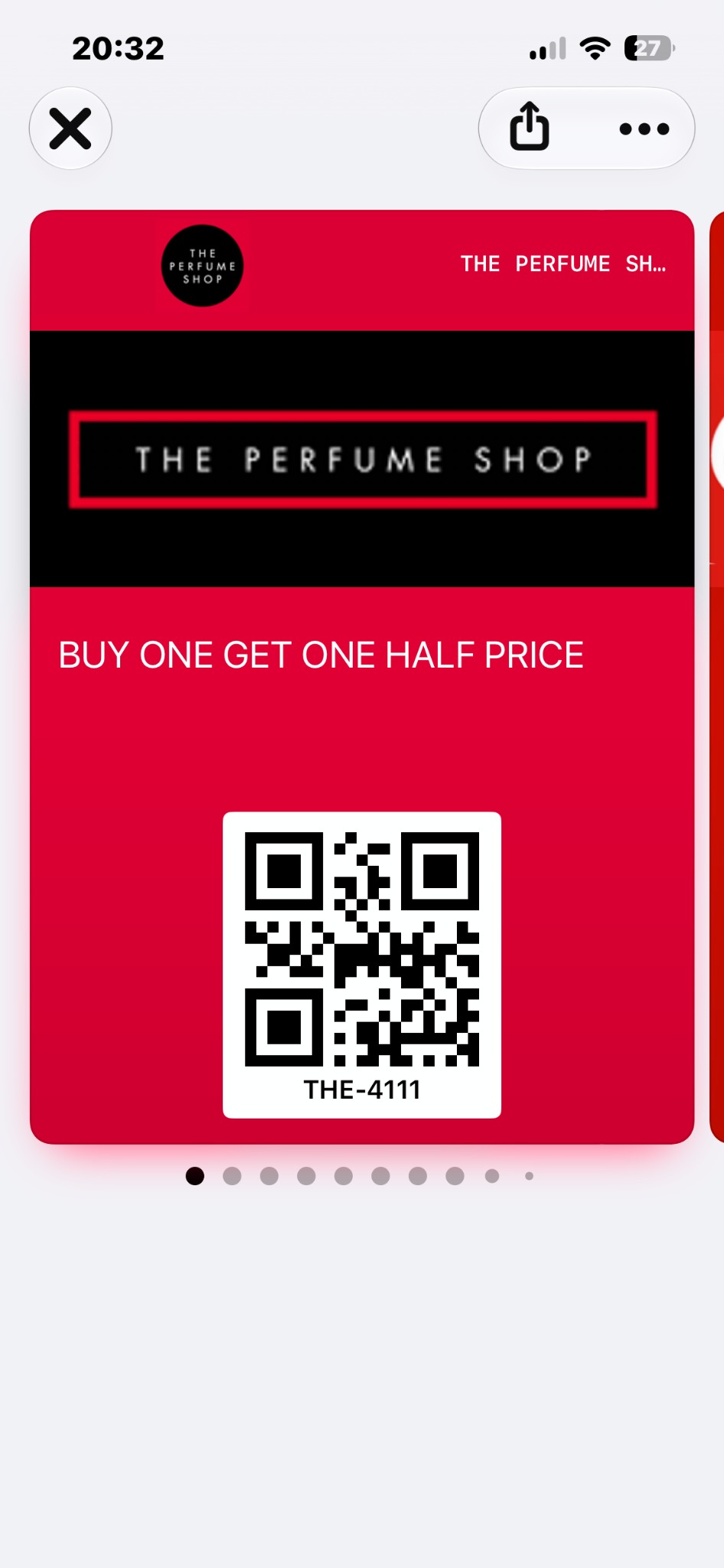 Full iPhone screen showing a Perfume Shop Wallet pass with QR code