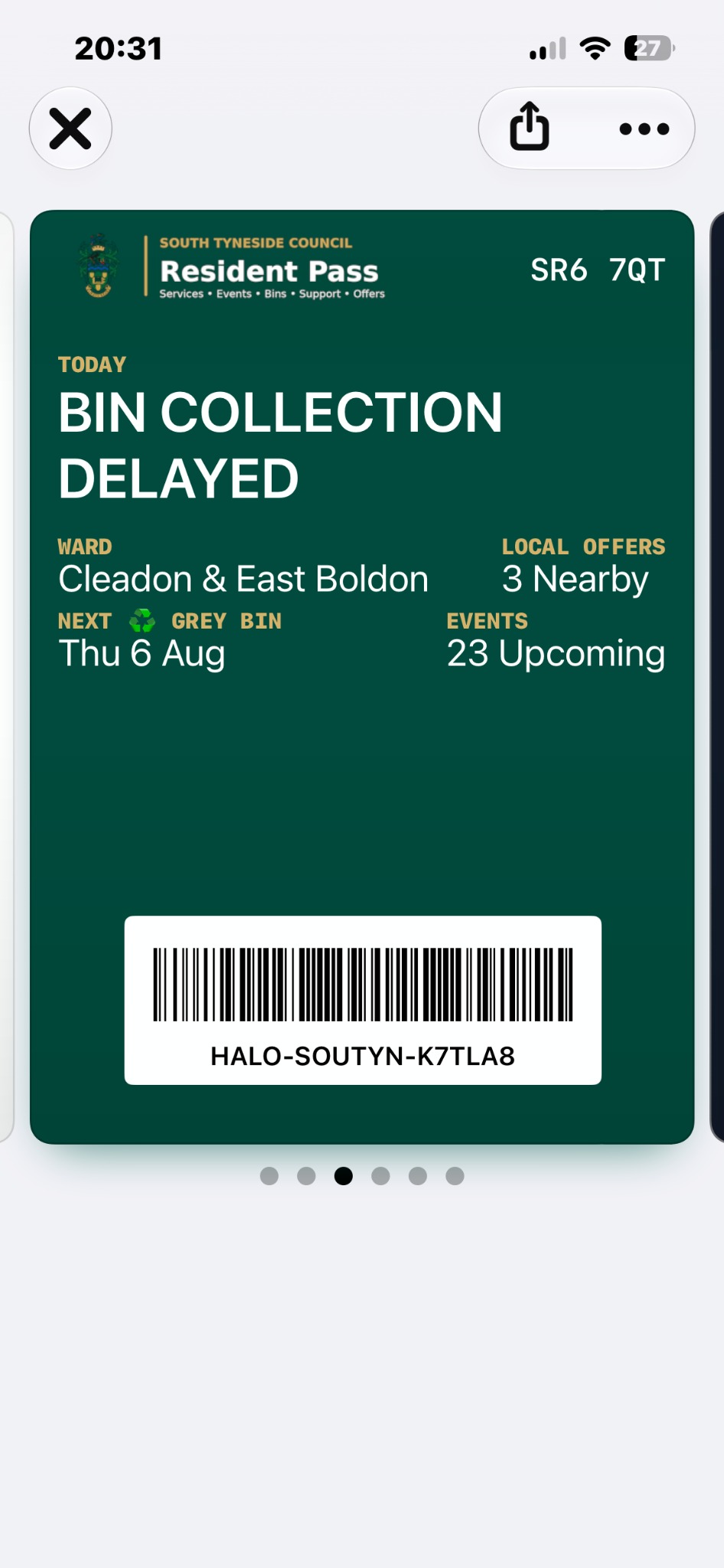Full iPhone screenshot of the South Tyneside Resident Pass