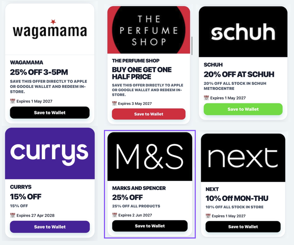 Retailer offer grid showing Wagamama, The Perfume Shop, Schuh, Currys, Marks and Spencer, and Next
