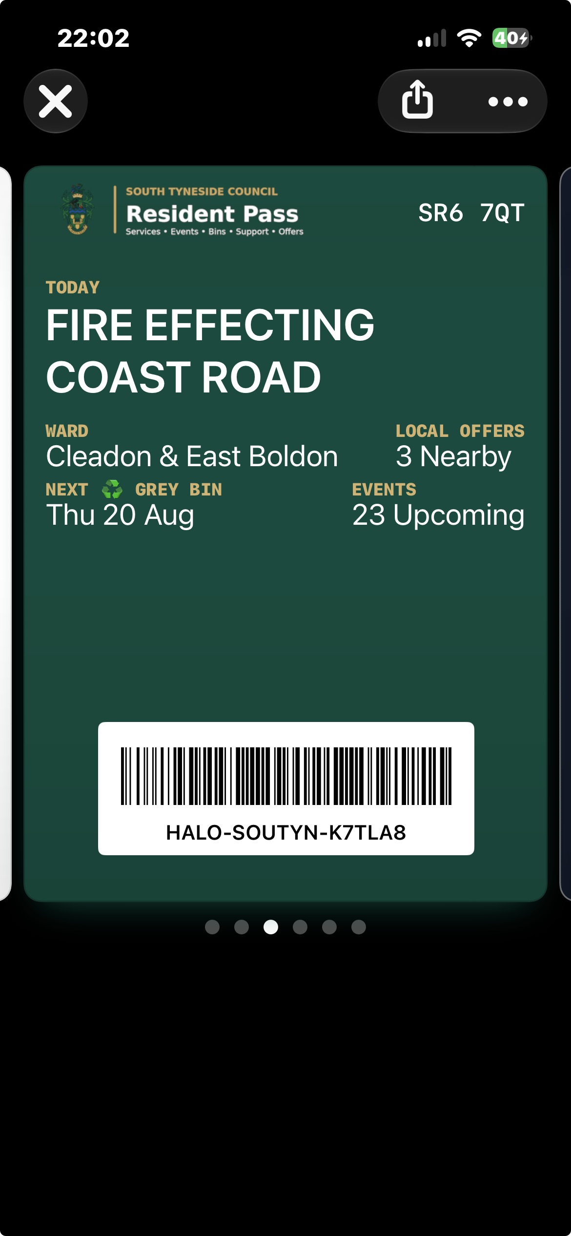 South Tyneside Resident Pass displaying a Coast Road fire alert